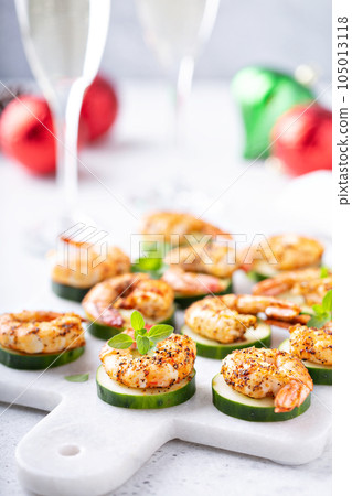 New Years Eve party appetizer, shrimp and cucumber 105013118