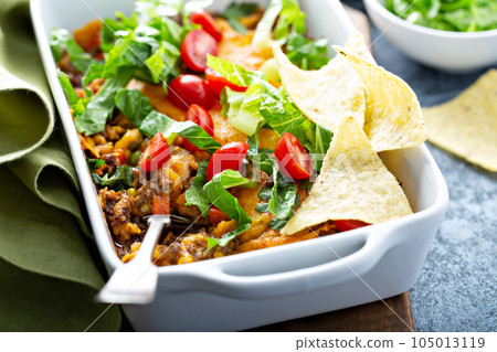 Traditional mexican meat casserole with chips Traditional mexican meat casserole with chips 105013119