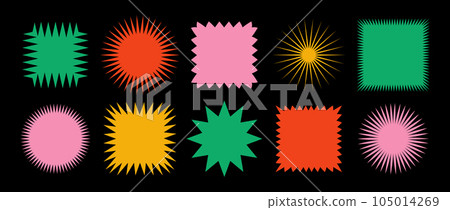 Colorful zig zag edge square and circle shapes collection. Jagged patches set. Bright graphic design elements for decoration, banner, poster, template, sticker, badge. Vector Colorful zig zag edge square and circle shapes collection. Jagged patches set. Bright graphic design elements for decoration, banner, poster, template, sticker, badge. Vector 105014269