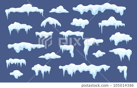 Snow and ice, winter snowy caps for roof design. Cartoon seasonal nature elements, snowfall and icicles. Dripping icicle, snugly vector set 105014386