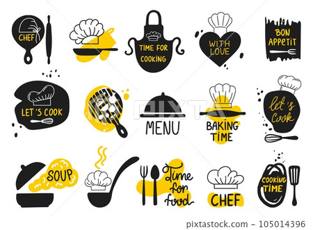 Restaurant cook logo with chef hats, pans and apron. Kitchen labels, positive typography elements. Food and cooking neoteric vector badges 105014396