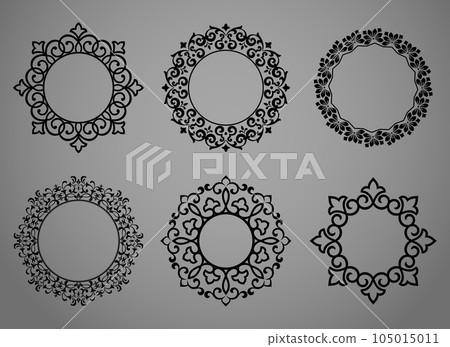 Set of decorative frames Elegant vector element for design in Eastern style, place for text. Floral black and gray borders. Lace illustration for invitations and greeting cards 105015011