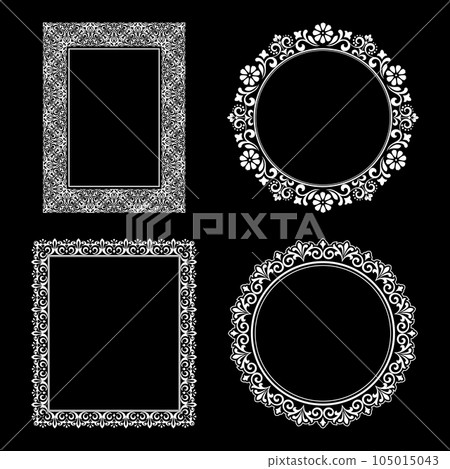 Set of decorative frames Elegant vector element for design in Eastern style, place for text. Floral black and white borders. Lace illustration for invitations and greeting cards. Set of decorative frames Elegant vector element for design in Eastern style, place for text. Floral black and white borders. Lace illustration for invitations and greeting cards. 105015043