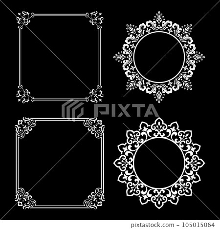 Set of decorative frames Elegant vector element for design in Eastern style, place for text. Floral black and white borders. Lace illustration for invitations and greeting cards. Set of decorative frames Elegant vector element for design in Eastern style, place for text. Floral black and white borders. Lace illustration for invitations and greeting cards. 105015064