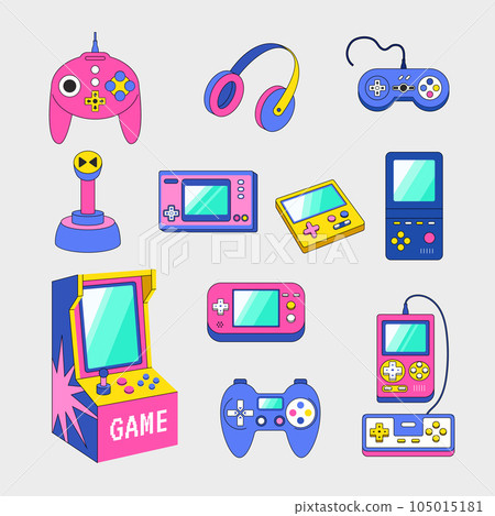 Video game gadgets. Gamepad consoles for nerd vintage assets in retro style recent vector pictures set isolated 105015181