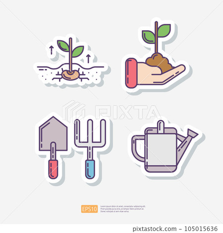 Plant grow seedling, hand with growing plant, mini shovel and rake, watering can. Agriculture and farming sticker icon set. Vector Illustration 105015636