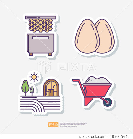 Bee hive and honey, egg breakfast food, farm field, Wheelbarrow farming Line Icon. Agriculture and farming sticker icon set. Vector Illustration Bee hive and honey, egg breakfast food, farm field, Wheelbarrow farming Line Icon. Agriculture and farming sticker icon set. Vector Illustration 105015643