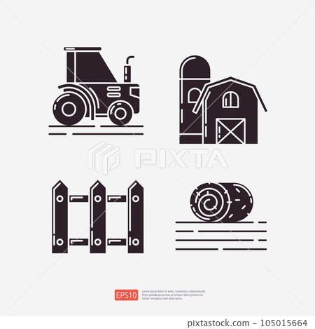 Agricultural tractor, farm barn building, wood fence, rolled hay or grass. Agriculture and farming glyph icon set. Vector Illustration 105015664