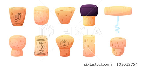 Wine cork cartoon design, different corks and corkscrew spiral tool. Vintage winery isolated elements for bottles. Wooden stopper nowaday vector set Wine cork cartoon design, different corks and corkscrew spiral tool. Vintage winery isolated elements for bottles. Wooden stopper nowaday vector set 105015754