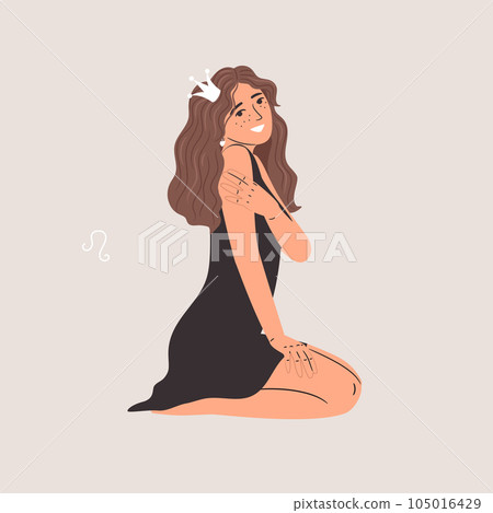 Zodiac sign Leo with beautiful woman in crown, horoscope astrology symbol, girl in the little black dress 105016429