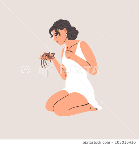 Zodiac sign Cancer with beautiful woman, horoscope astrology symbol, girl in white dress 105016430