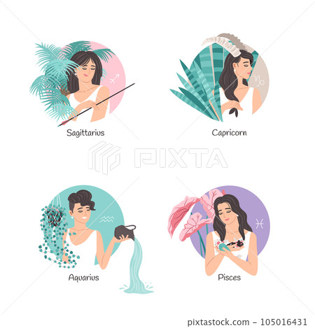 Zodiac collection set with beautiful woman, Sagittarius, Capricorn, Aquarius, Pisces, horoscope astrology symbol sign. Vector illustration with houseplants 105016431