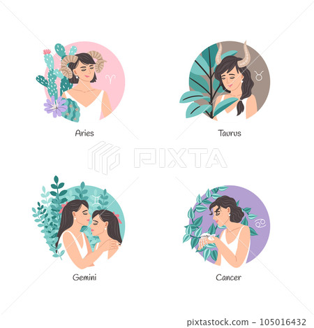 Zodiac collection set with beautiful woman, Aries, Taurus, Gemini, Cancer, horoscope astrology symbol sign. Vector illustration with houseplants 105016432
