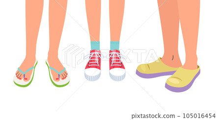 Persons feet in different shoes, shales, gumshoes, sneakers, shoes on a high platform Persons feet in different shoes, shales, gumshoes, sneakers, shoes on a high platform 105016454