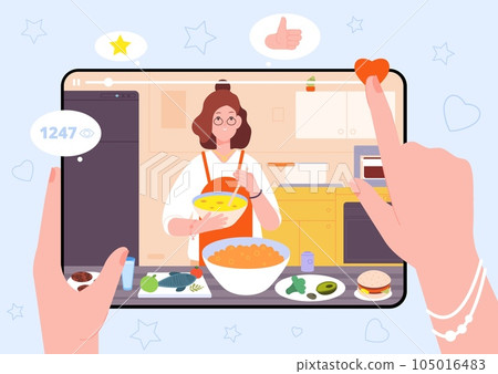 Cooking blog. Hands holding tablet cook processing video or culinary tv show, food preparing online tutorial learning internet recipe virtual kitchen Cooking blog. Hands holding tablet cook processing video or culinary tv show, food preparing online tutorial learning internet recipe virtual kitchen 105016483