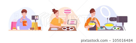 Food blogger. Culinary bloggers or foodie youtuber recording online cooking learning workshop on video camera for cook bakery nutrition blog content, splendid vector illustration 105016484