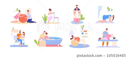 Birth positions. Position child delivery labor, home pregnancy preparation pregnant woman, childbirth water bath, gymnastic exercises preparing labour, splendid vector illustration Birth positions. Position child delivery labor, home pregnancy preparation pregnant woman, childbirth water bath, gymnastic exercises preparing labour, splendid vector illustration 105016485