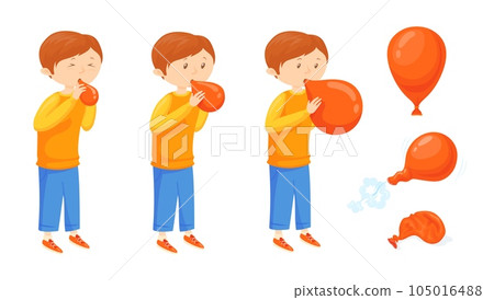 Kid blowing balloon. Cartoon child boy inflate balloons, children blow up air ball toy for birthday party or festival decoration, baby playtime neat vector illustration Kid blowing balloon. Cartoon child boy inflate balloons, children blow up air ball toy for birthday party or festival decoration, baby playtime neat vector illustration 105016488