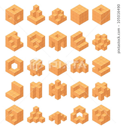 Isometric wooden cubes. Wood constructor cube miniature block for shape building, kids mathematical game child education toys learning of count and logic, neat vector illustration 105016490