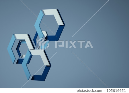 A blue hexagon floats on blue background. Minimal concept idea with monochrome colors. 3D Rendering A blue hexagon floats on blue background. Minimal concept idea with monochrome colors. 3D Rendering 105016651