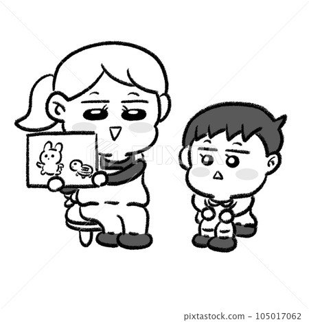 Nursery teacher showing picture-story show to kindergarteners monochrome Nursery teacher showing picture-story show to kindergarteners monochrome 105017062