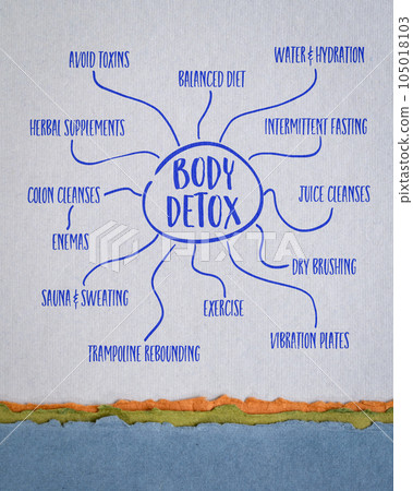 body detox infographics or mind map sketch on art paper, health and lifestyle concept body detox infographics or mind map sketch on art paper, health and lifestyle concept 105018103