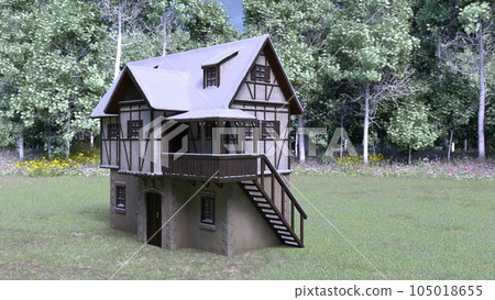 A house with a triangular roof in the forest 105018655