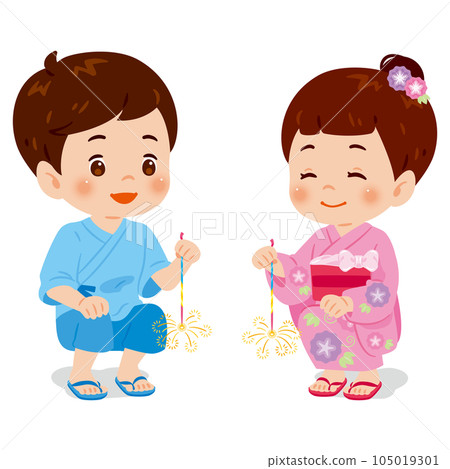 男孩和女孩玩煙花 105019301