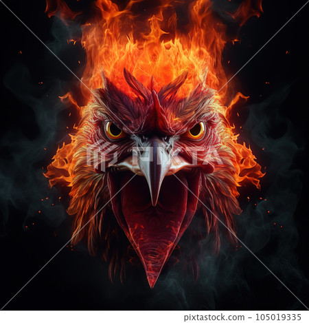 Image of angry chicken face and flames on dark background. Farm animals. Illustration, Generative AI. 105019335