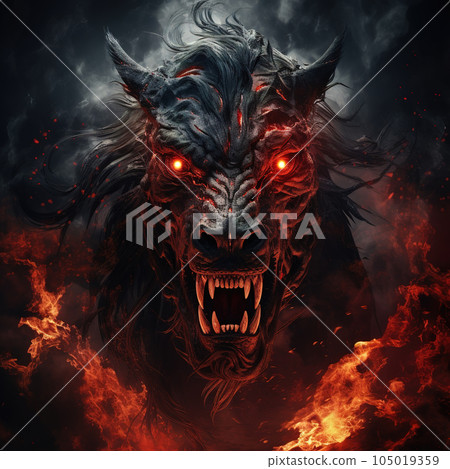 Image of angry demon horse terrifying and flames on dark background. Wildlife Animals. Illustration, Generative AI. 105019359