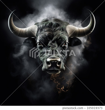 Image of an angry bull face with fire smoke on black background. Wildlife Animals. Illustration, Generative AI. 105019373