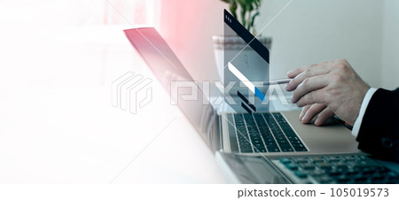Networking Concept,Business man clicking internet search page on computer touch screen .Searching Browsing Internet Data Information 105019573