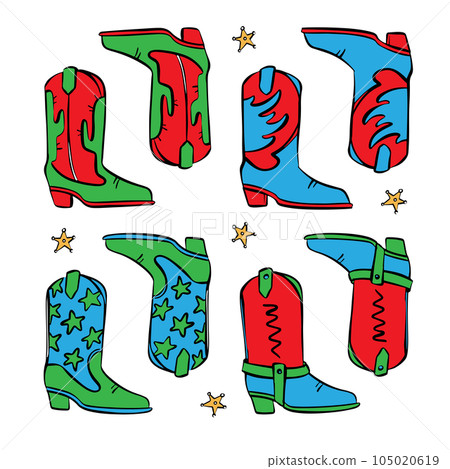 COWBOY BOOTS ON YELLOW Background Attributes Of The Wild West A Set Of Vector Illustrations Of Symbol Of American Movies And Prairies Bright Clipart For Print 105020619