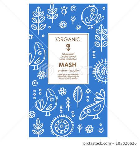 MASH PACKAGING Groats Abstract Nature Modern Vector Template With White Birds And Plants On Blue Color Background Organic Design With Hand Drawn Illustration 105020626