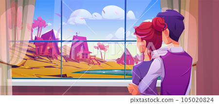Couple watching house window on village landscape Couple watching house window on village landscape 105020824