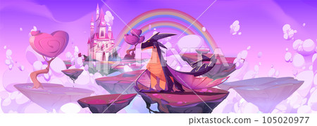 Fantasy castle on floating island and magic dragon 105020977