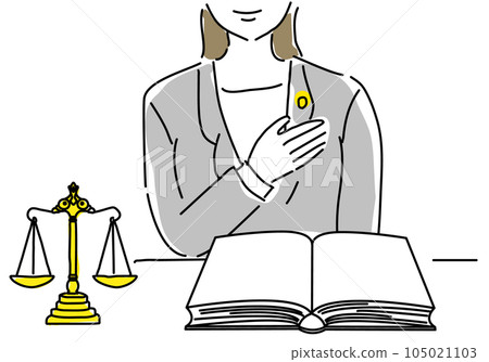 A simple line drawing illustration of a balance, a complete book of laws and a female lawyer 105021103