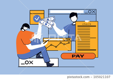 Online payment concept with people scene in flat design for web. Man paying digital check with credit card using mobile application. Vector illustration for social media banner, marketing material. 105021107