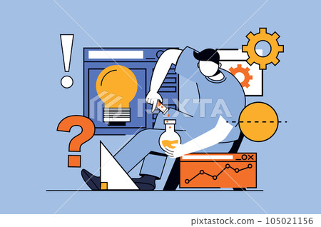 Science laboratory concept with people scene in flat design for web. Scientist holding flask and test tube, making chemical research. Vector illustration for social media banner, marketing material. 105021156