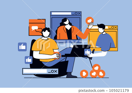 Video chatting concept with people scene in flat design for web. Man and woman connecting and talking online using computer program. Vector illustration for social media banner, marketing material. Video chatting concept with people scene in flat design for web. Man and woman connecting and talking online using computer program. Vector illustration for social media banner, marketing material. 105021179