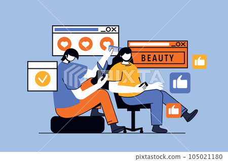 Beauty salon concept with people scene in flat design for web. Hairdresser with comb and scissor makes haircut or procedure for client. Vector illustration for social media banner, marketing material. Beauty salon concept with people scene in flat design for web. Hairdresser with comb and scissor makes haircut or procedure for client. Vector illustration for social media banner, marketing material. 105021180
