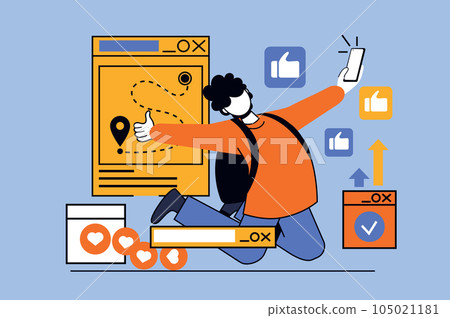 Traveling concept with people scene in flat design for web. Man traveler with backpack planning route on map in mobile app for hiking. Vector illustration for social media banner, marketing material. Traveling concept with people scene in flat design for web. Man traveler with backpack planning route on map in mobile app for hiking. Vector illustration for social media banner, marketing material. 105021181