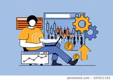 Stock market concept with people scene in flat design for web. Man analyzing financial markets, investing money and monitoring data. Vector illustration for social media banner, marketing material. Stock market concept with people scene in flat design for web. Man analyzing financial markets, investing money and monitoring data. Vector illustration for social media banner, marketing material. 105021183