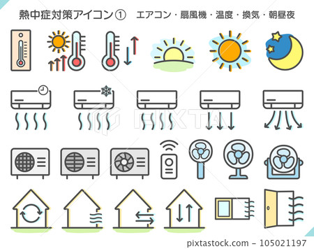 Icon set of heat stroke countermeasure goods, air conditioners, fans, etc. Gray lines and color painting 105021197