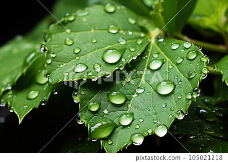 Raindrops on the green leaves of the plant. 105021218