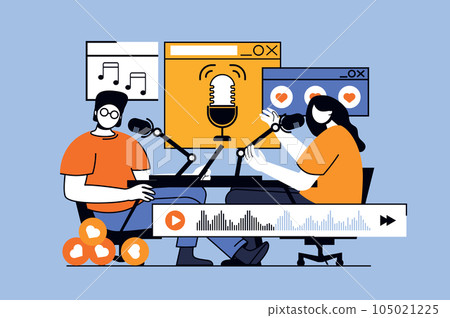 Podcast streaming concept with people scene in flat design for web. Journalist and host broadcasting in and live discussing at studio. Vector illustration for social media banner, marketing material. 105021225