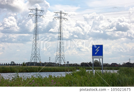 Warning sigh at a dutch canal, warning for electricity pylons 105021675