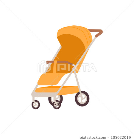 Bright standing empty orange baby carriage with wheels of different sizes flat style 105022019
