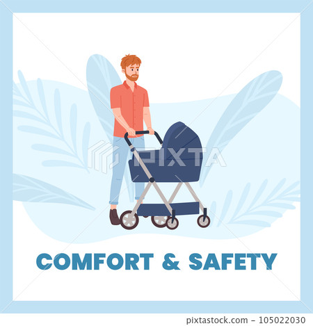 Squared banner about smiling man walking with baby carriage flat style 105022030