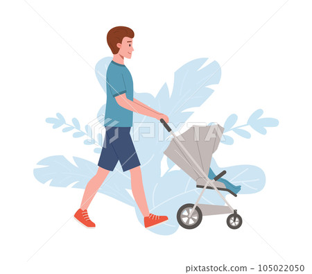 Father pushing walking stroller with a newborn baby, flat vector isolated. 105022050